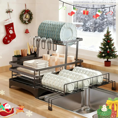 Foldable Over Sink Dish Drying Rack | Pull-Out 2-Tier Dish Drainer with Utensil Holder