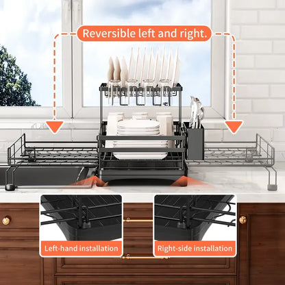 Foldable Over Sink Dish Drying Rack | Pull-Out 2-Tier Dish Drainer with Utensil Holder