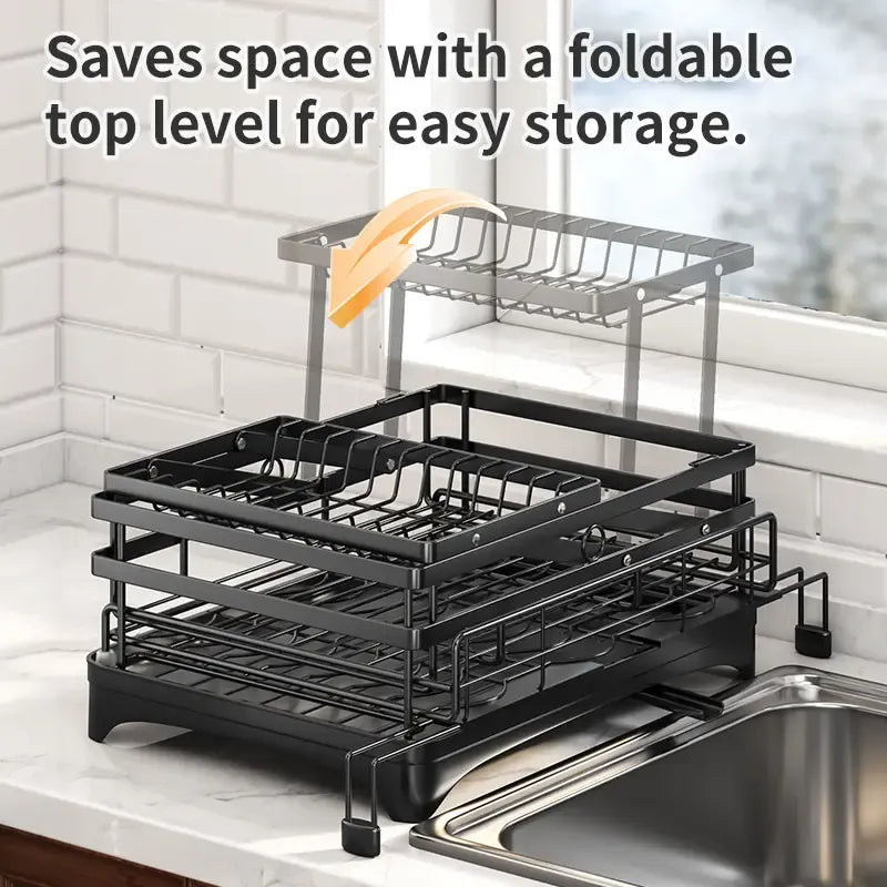 Foldable Over Sink Dish Drying Rack | Pull-Out 2-Tier Dish Drainer with Utensil Holder