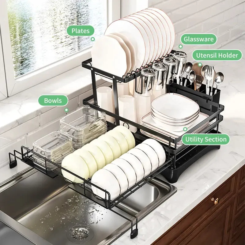 Foldable Over Sink Dish Drying Rack | Pull-Out 2-Tier Dish Drainer with Utensil Holder