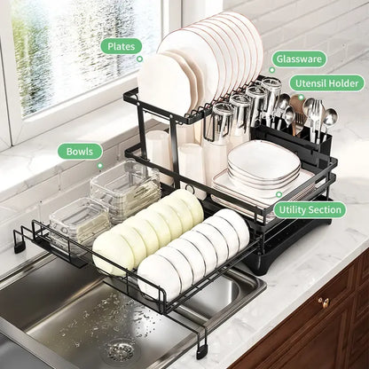 Foldable Over Sink Dish Drying Rack | Pull-Out 2-Tier Dish Drainer with Utensil Holder