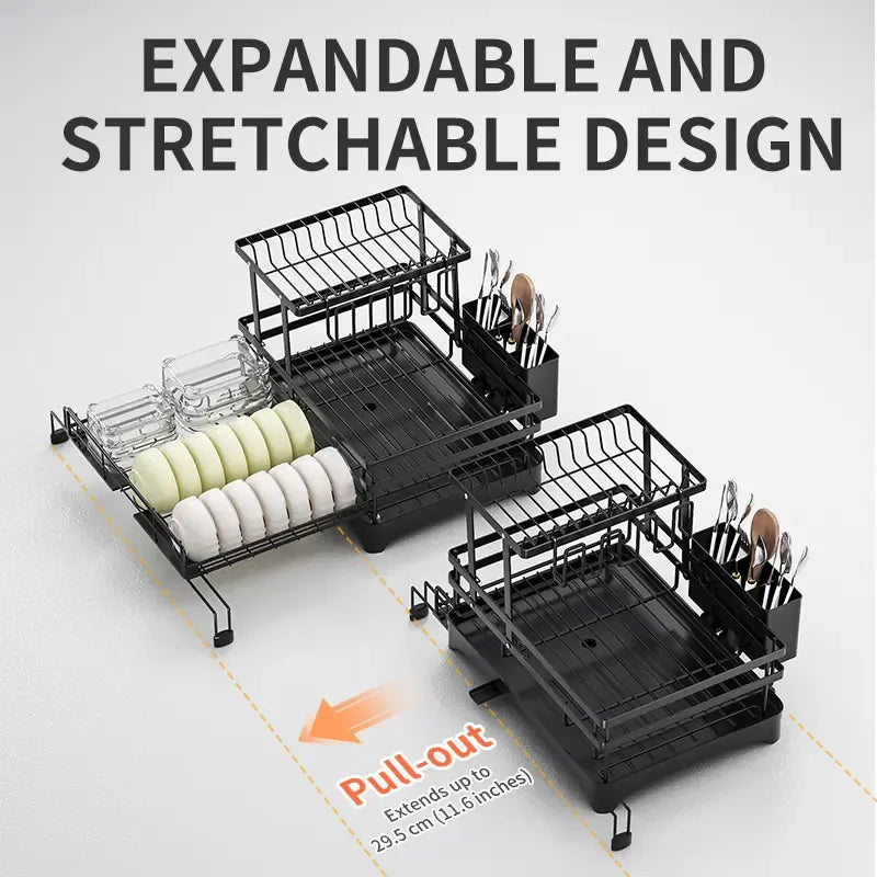 Foldable Over Sink Dish Drying Rack | Pull-Out 2-Tier Dish Drainer with Utensil Holder