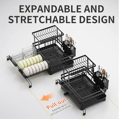 Foldable Over Sink Dish Drying Rack | Pull-Out 2-Tier Dish Drainer with Utensil Holder
