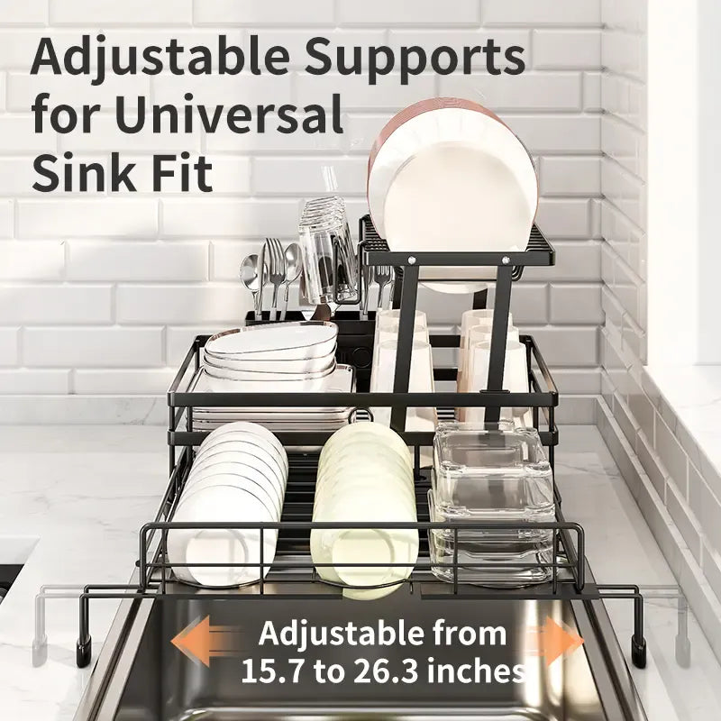 Foldable Over Sink Dish Drying Rack | Pull-Out 2-Tier Dish Drainer with Utensil Holder