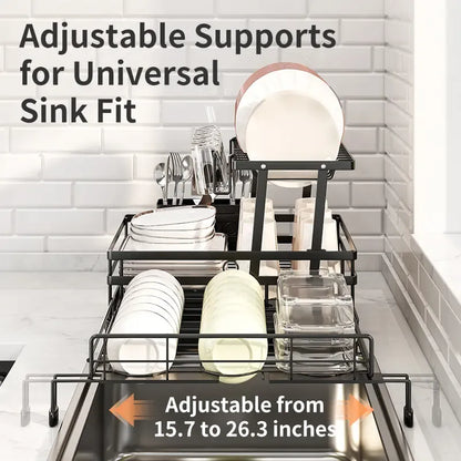Foldable Over Sink Dish Drying Rack | Pull-Out 2-Tier Dish Drainer with Utensil Holder