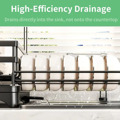 Foldable Over Sink Dish Drying Rack | Pull-Out 2-Tier Dish Drainer with Utensil Holder