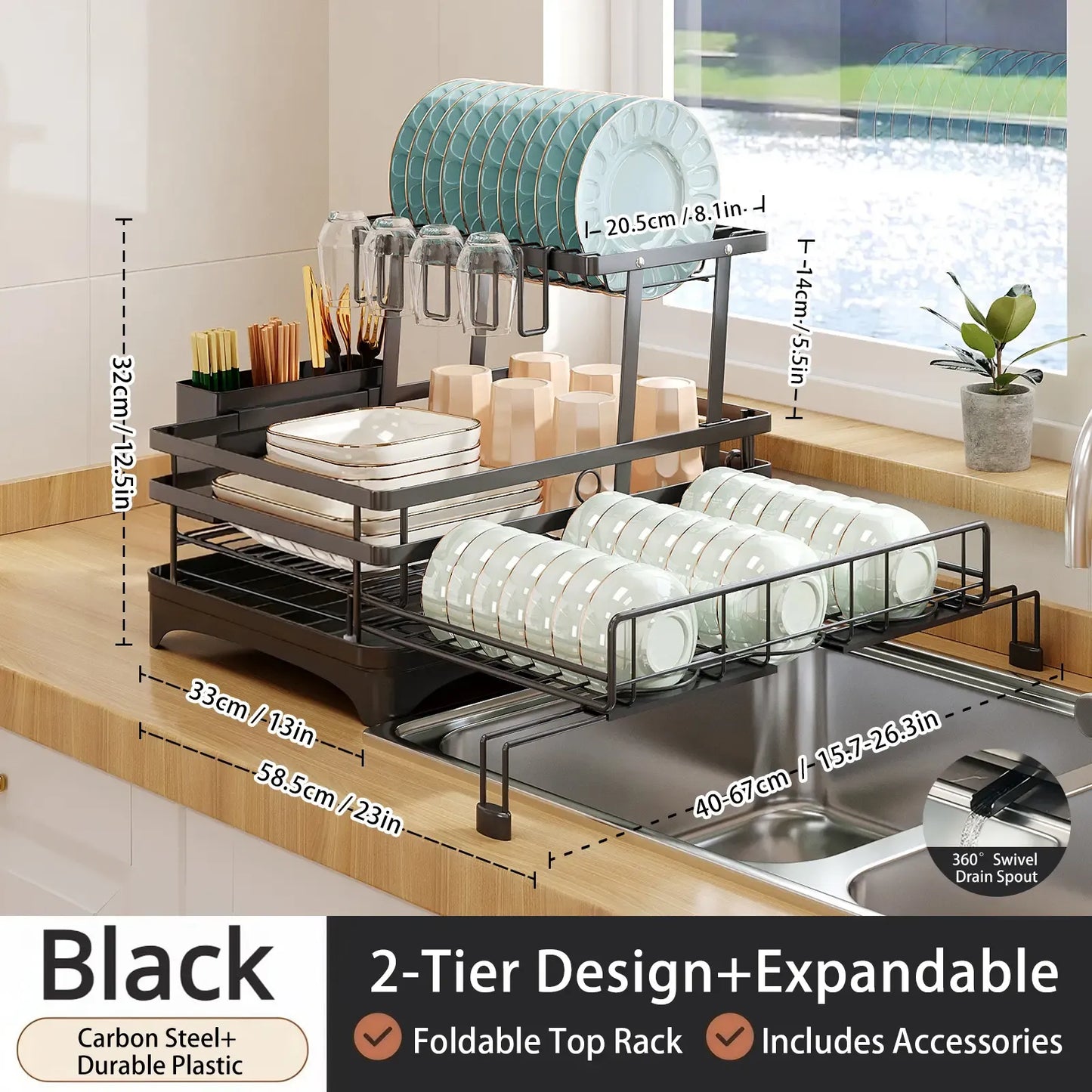 Foldable Over Sink Dish Drying Rack | Pull-Out 2-Tier Dish Drainer with Utensil Holder
