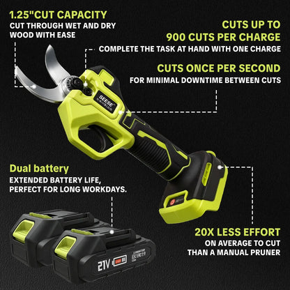 Electric Pruning Shears for Gardening | 1.25" Cordless Power Pruner with Brushless Motor & Dual 21V Battery