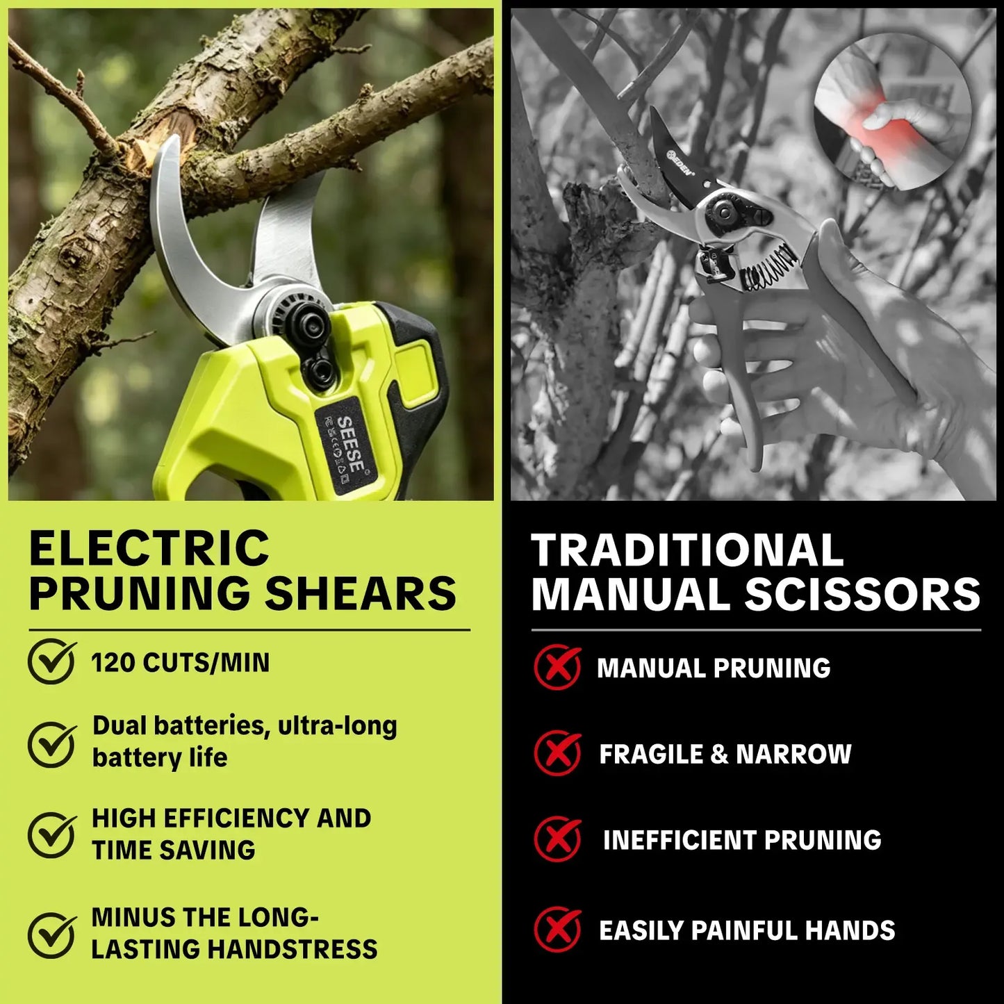 Electric Pruning Shears for Gardening | 1.25" Cordless Power Pruner with Brushless Motor & Dual 21V Battery