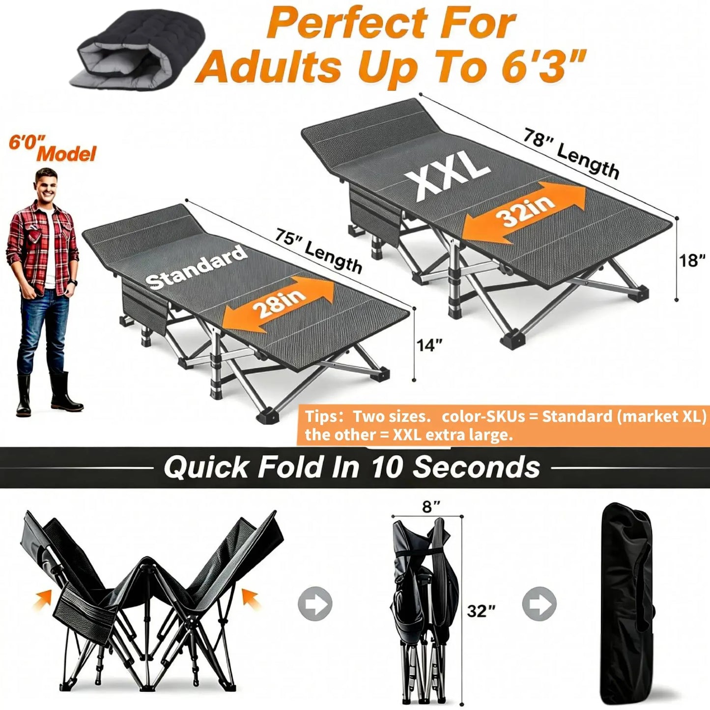 XXL Folding Camping Cot with Mattress, Bed Frame & Carry Bag