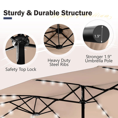 Large 15ft Double-Sided Patio Umbrella with Base, LED Light & Crank Handle