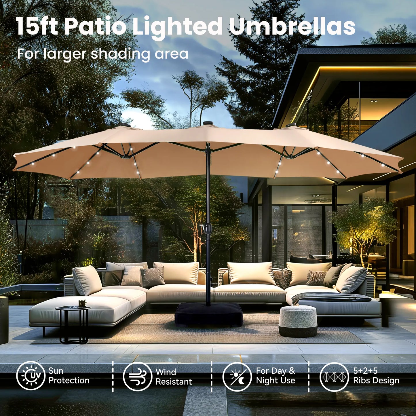 Large 15ft Double-Sided Patio Umbrella with Base, LED Light & Crank Handle