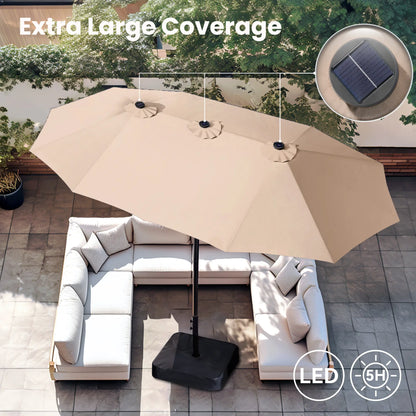 Large 15ft Double-Sided Patio Umbrella with Base, LED Light & Crank Handle