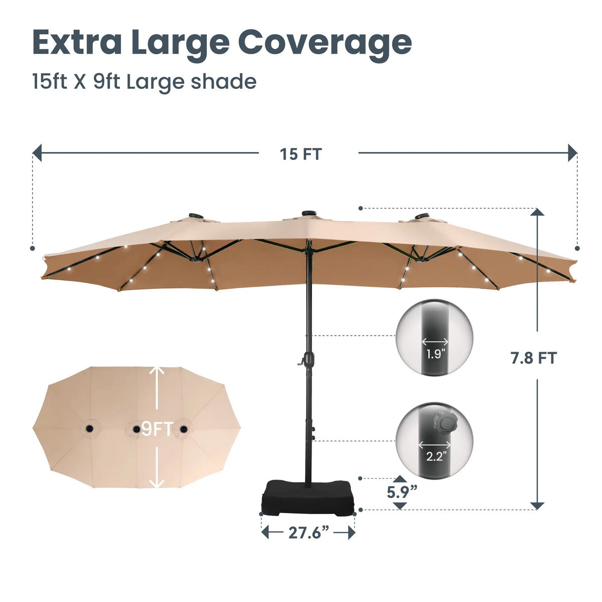 Large 15ft Double-Sided Patio Umbrella with Base, LED Light & Crank Handle