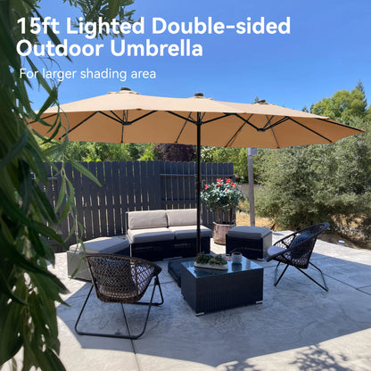 Large 15ft Double-Sided Patio Umbrella with Base, LED Light & Crank Handle