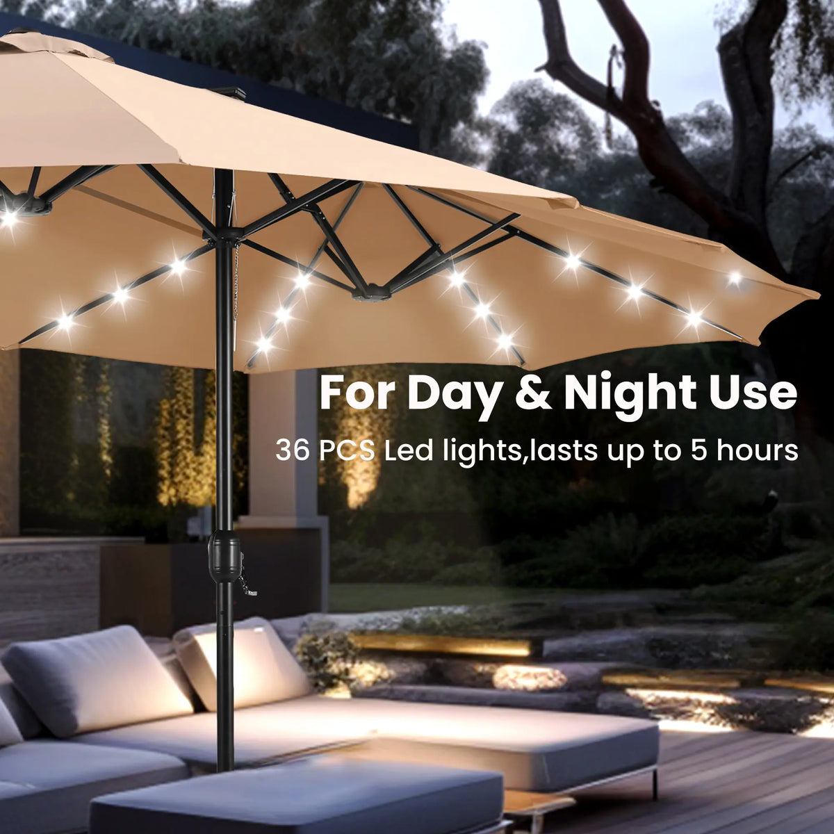 Large 15ft Double-Sided Patio Umbrella with Base, LED Light & Crank Handle