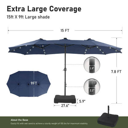 Large 15ft Double-Sided Patio Umbrella with Base, LED Light & Crank Handle