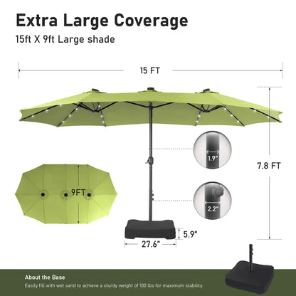 Large 15ft Double-Sided Patio Umbrella with Base, LED Light & Crank Handle