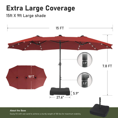 Large 15ft Double-Sided Patio Umbrella with Base, LED Light & Crank Handle