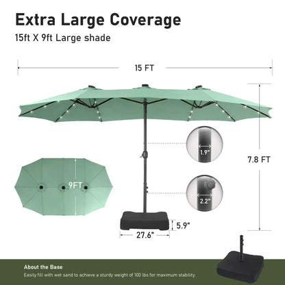 Large 15ft Double-Sided Patio Umbrella with Base, LED Light & Crank Handle