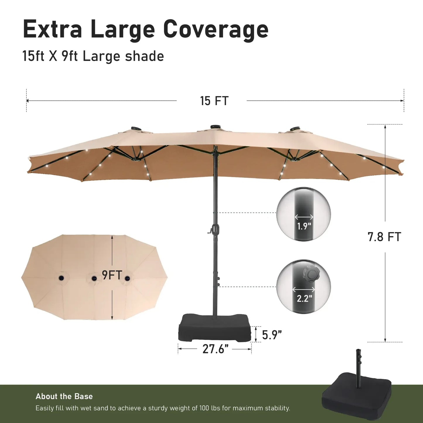 Large 15ft Double-Sided Patio Umbrella with Base, LED Light & Crank Handle