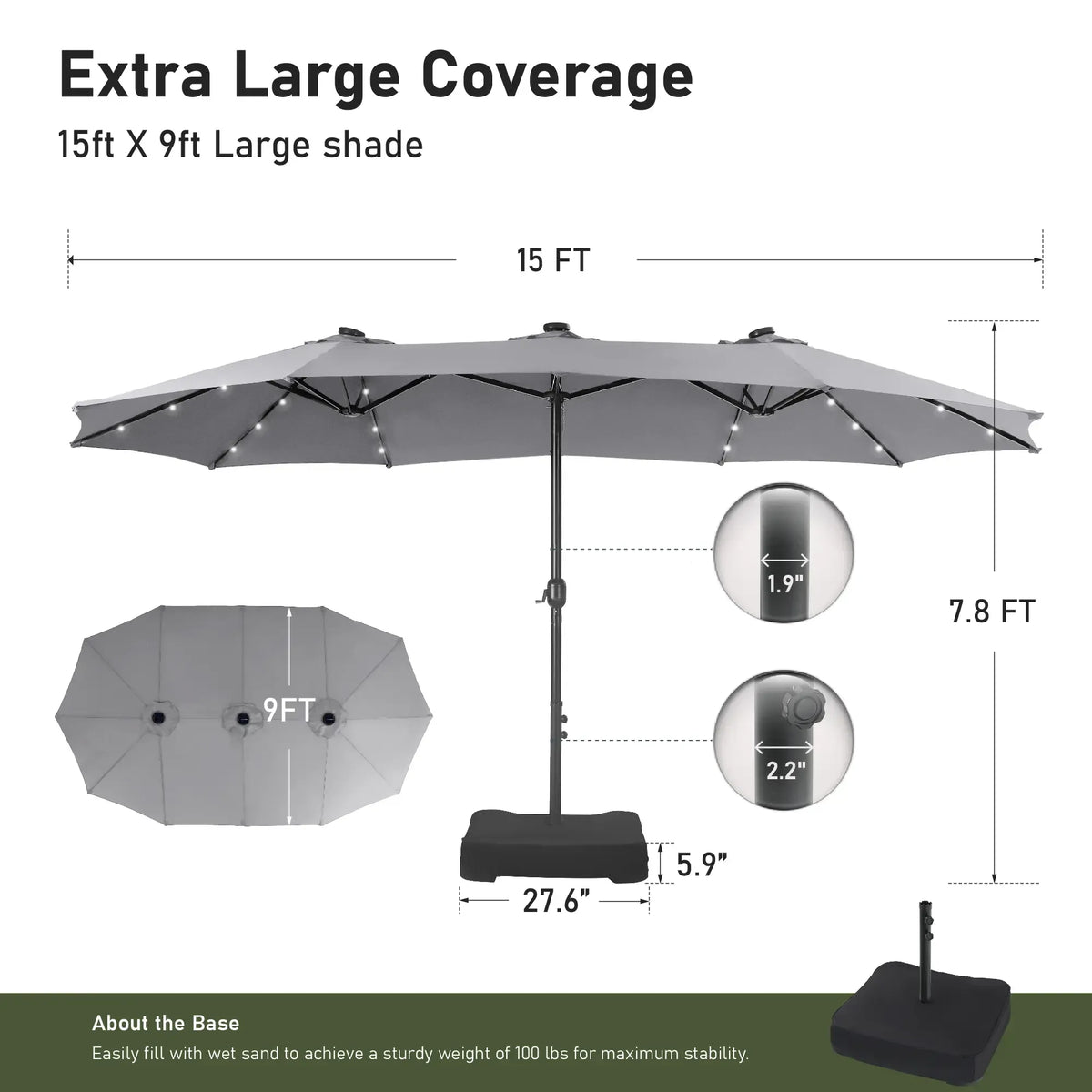 Large 15ft Double-Sided Patio Umbrella with Base, LED Light & Crank Handle