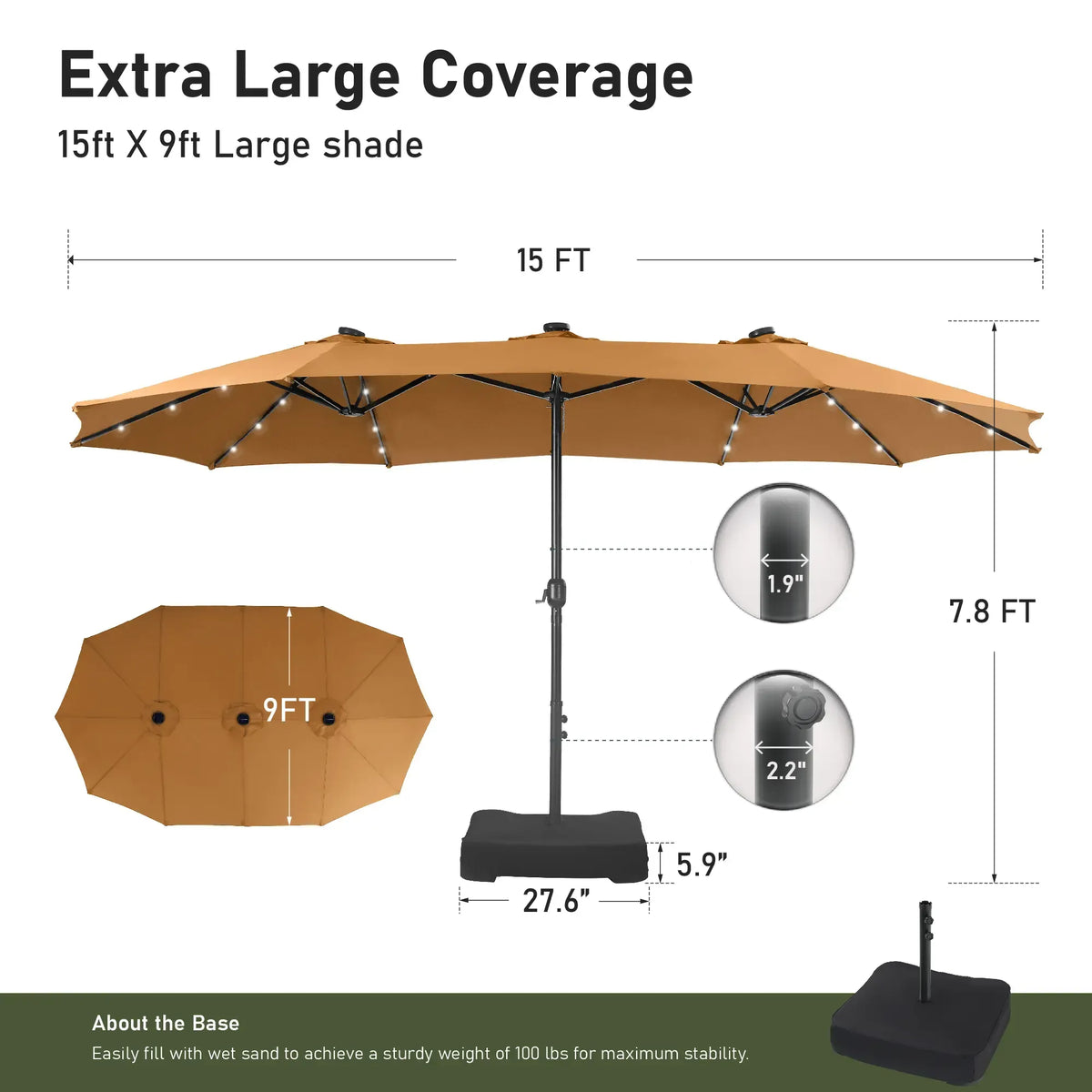 Large 15ft Double-Sided Patio Umbrella with Base, LED Light & Crank Handle