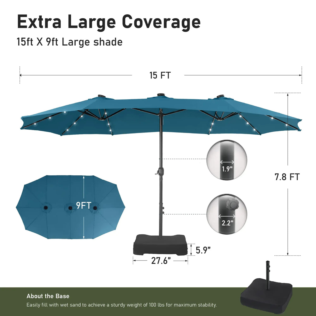 Large 15ft Double-Sided Patio Umbrella with Base, LED Light & Crank Handle