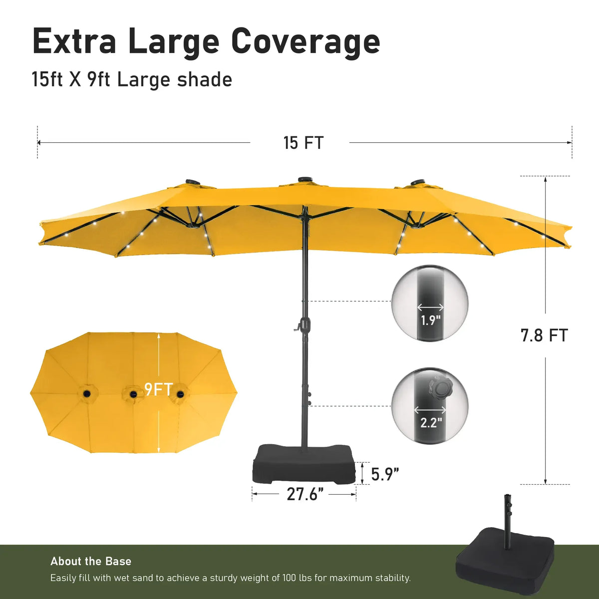Large 15ft Double-Sided Patio Umbrella with Base, LED Light & Crank Handle
