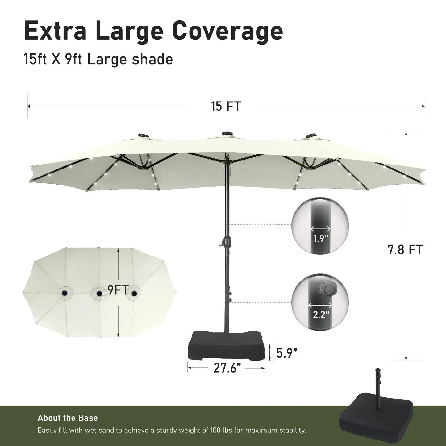 Large 15ft Double-Sided Patio Umbrella with Base, LED Light & Crank Handle