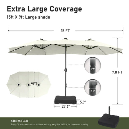 Large 15ft Double-Sided Patio Umbrella with Base, LED Light & Crank Handle