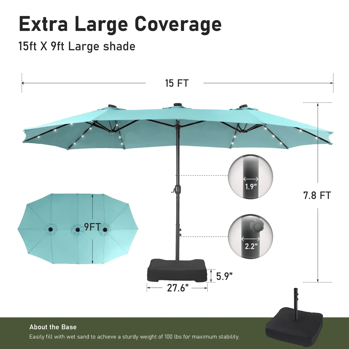 Large 15ft Double-Sided Patio Umbrella with Base, LED Light & Crank Handle