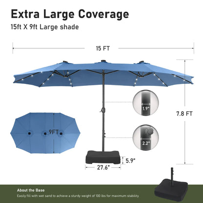 Large 15ft Double-Sided Patio Umbrella with Base, LED Light & Crank Handle